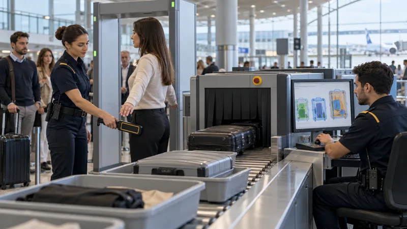 Vigilantes de seguridad revisando equipajes en el arco y el escáner de rayos X de un aeropuerto