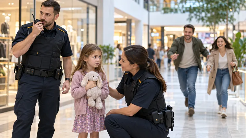 Una vigilante atiende a una niña perdida en un centro comercial mientras su compañero avisa por la emisora