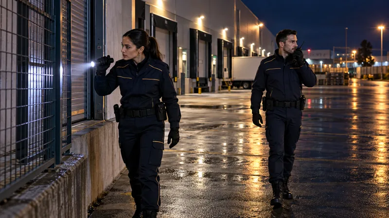 Dos vigilantes haciendo una ronda nocturna con linterna por un polígono industrial